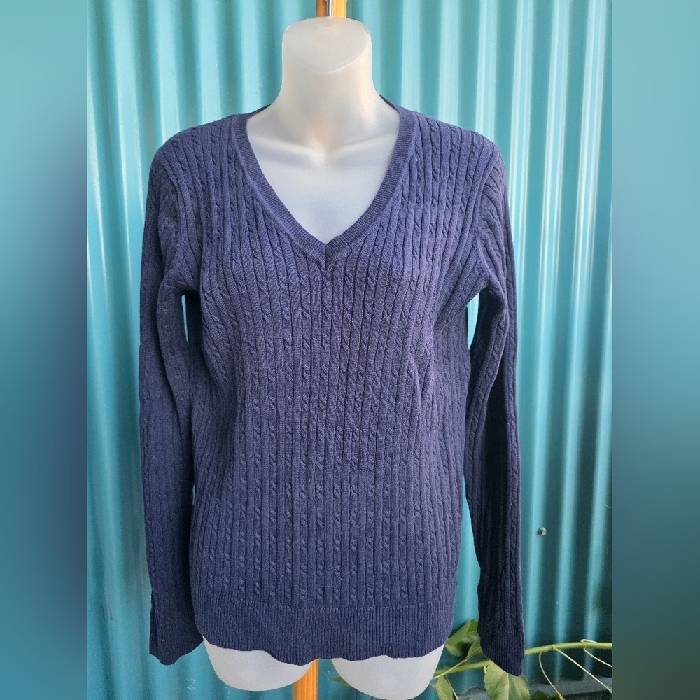 Bass Heritage Collection Women's V-Neck Cable Knit Sweater Blue Deep Purple Med